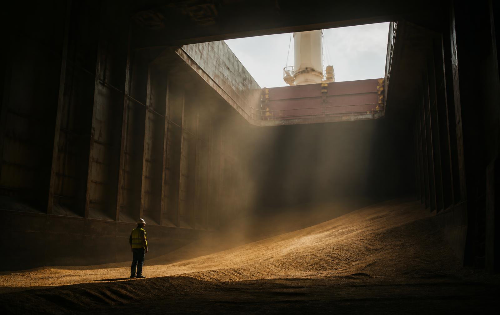 Marine surveyor standing in a bulk carrier cargo hold partly filled with grain